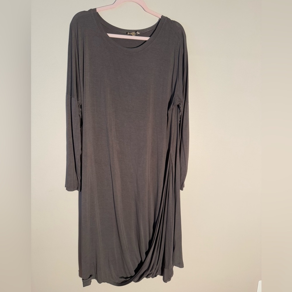 Long Sleeve Brown Draped Asymmetric Jersey Dress